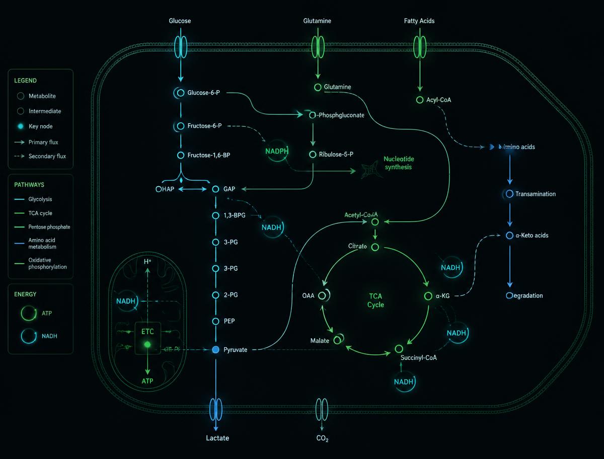 Ilustração de fluxos metabólicos celulares
